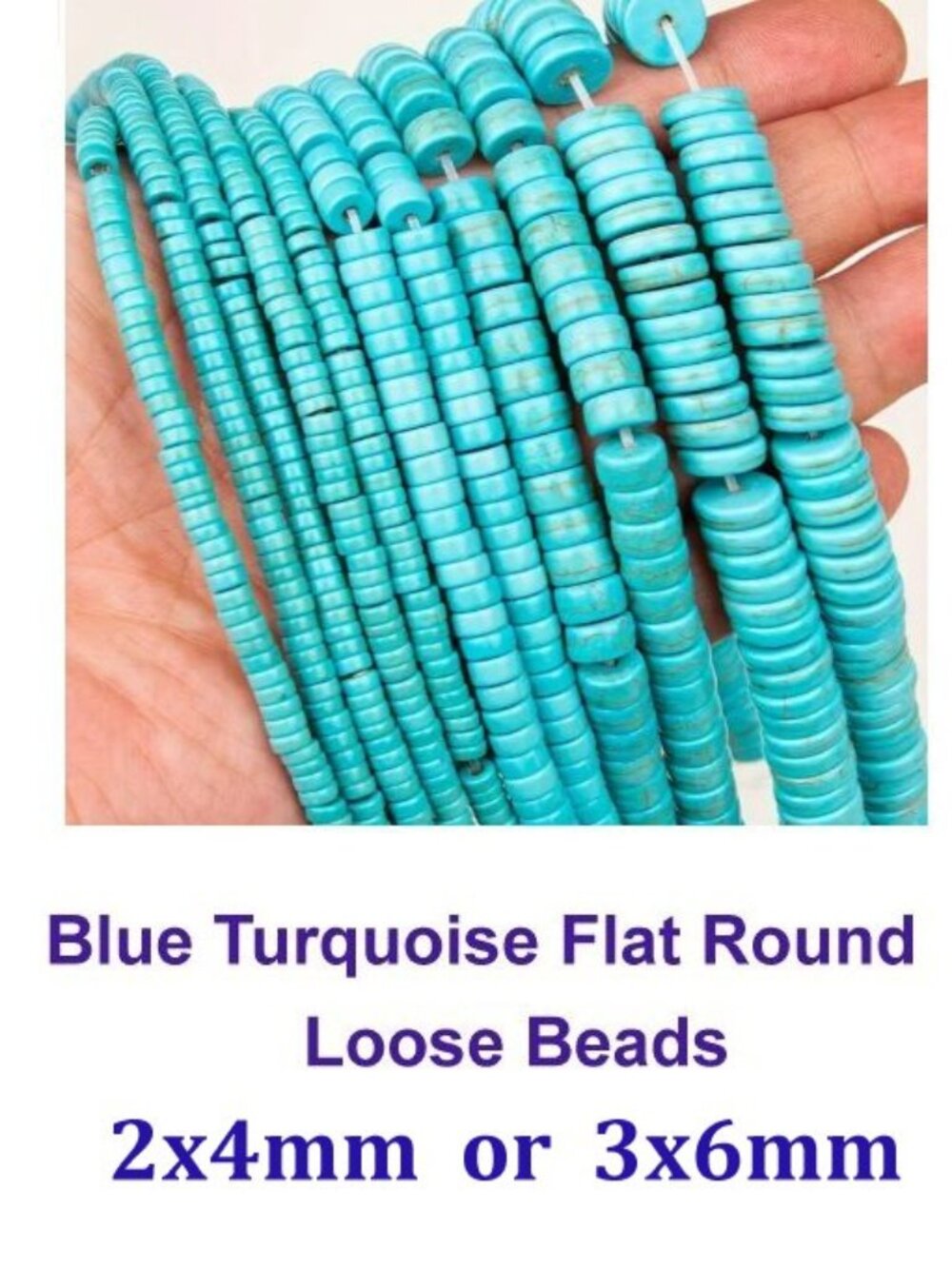 Blue Turquoise Flat Round Loose Beads,  2x4mm or 3x6mm